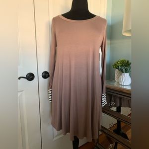 Wanna B, Women’s A-Line Tunic/Dress, Jersey Knit, Taupe w/Striped Cuff, XL
